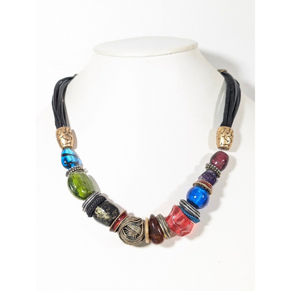 Chico's Mixed Media Glass Bead Multi Cord Statement Necklace 21"